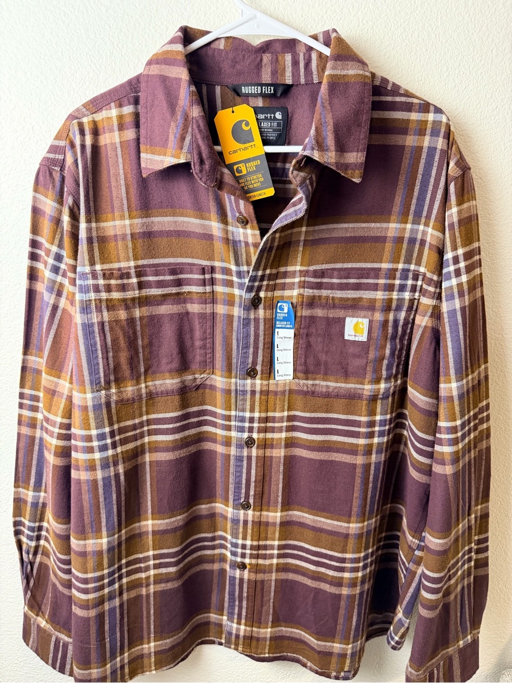 Carhartt Men’s Large Rugged Flex Plaid Flannel Shirt Relaxed Fit Brown Burgundy